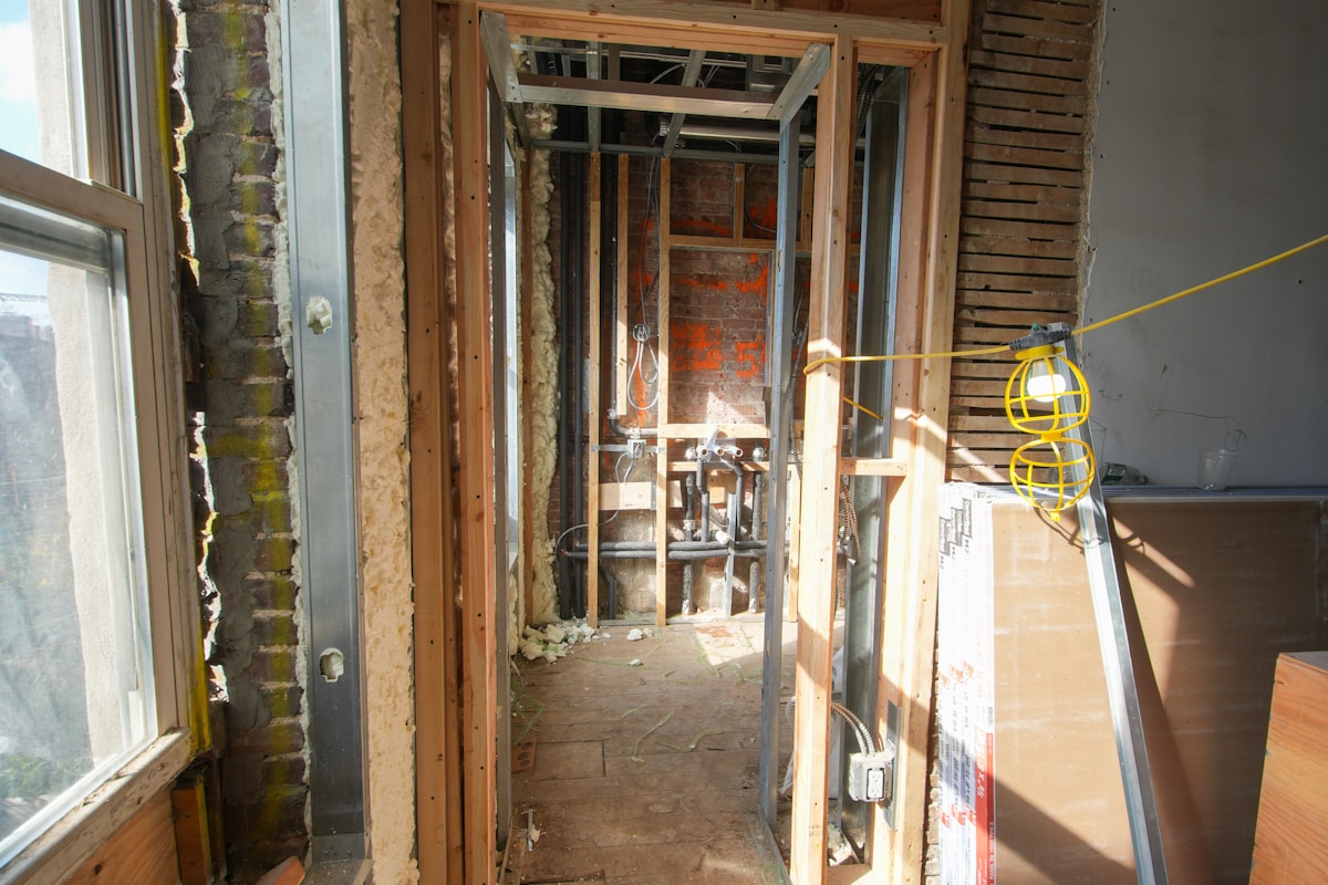 Interior with exposed framing and studs