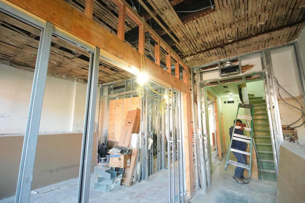 Interior stripped with exposed staircase